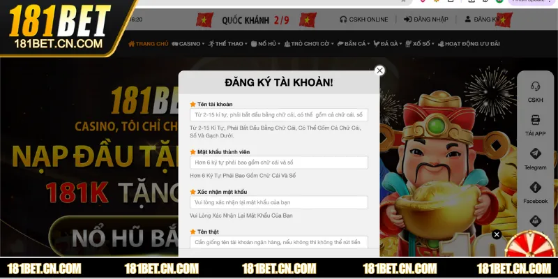 Bước 1: Người dùng cần phải tìm trang chủ nhà cái 181BET sau đó nhấn nút đăng ký